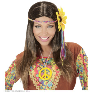 Braune Hippie Perücke mit Buntem Stirnband und Sonnenblume in Polybag