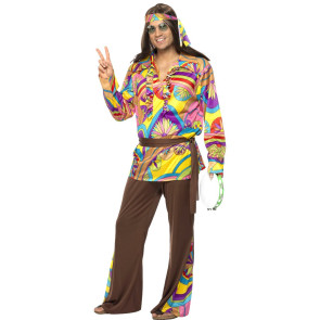Mann mit Hippiekostüm psychodelisch und Mulitcolor front