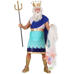 Mann als antiker Gott der Meere verkleidet, mit Krone