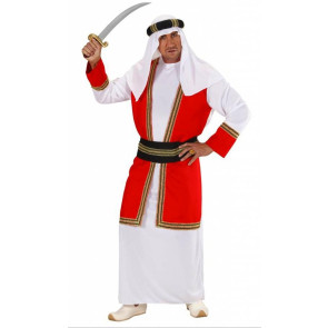 Mann als Araber verkleidet sieht aus wie ein Scheich rot weiß