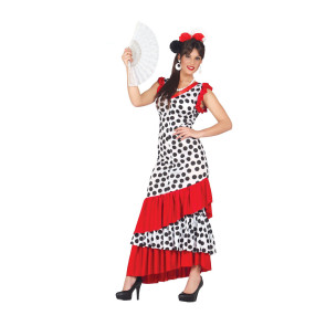 Flamencokleid günstig in zwei Größen. Weiss mit schwarzen Punkten und roten Rüschen