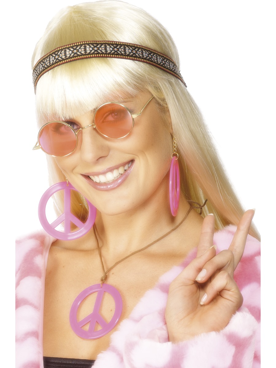 Hippie-Set in rosa mit Brille, Anhänger, Ohrringe und Stirnband